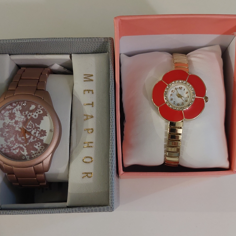Metaphor Women's Floral Rose and Gold Watch Set